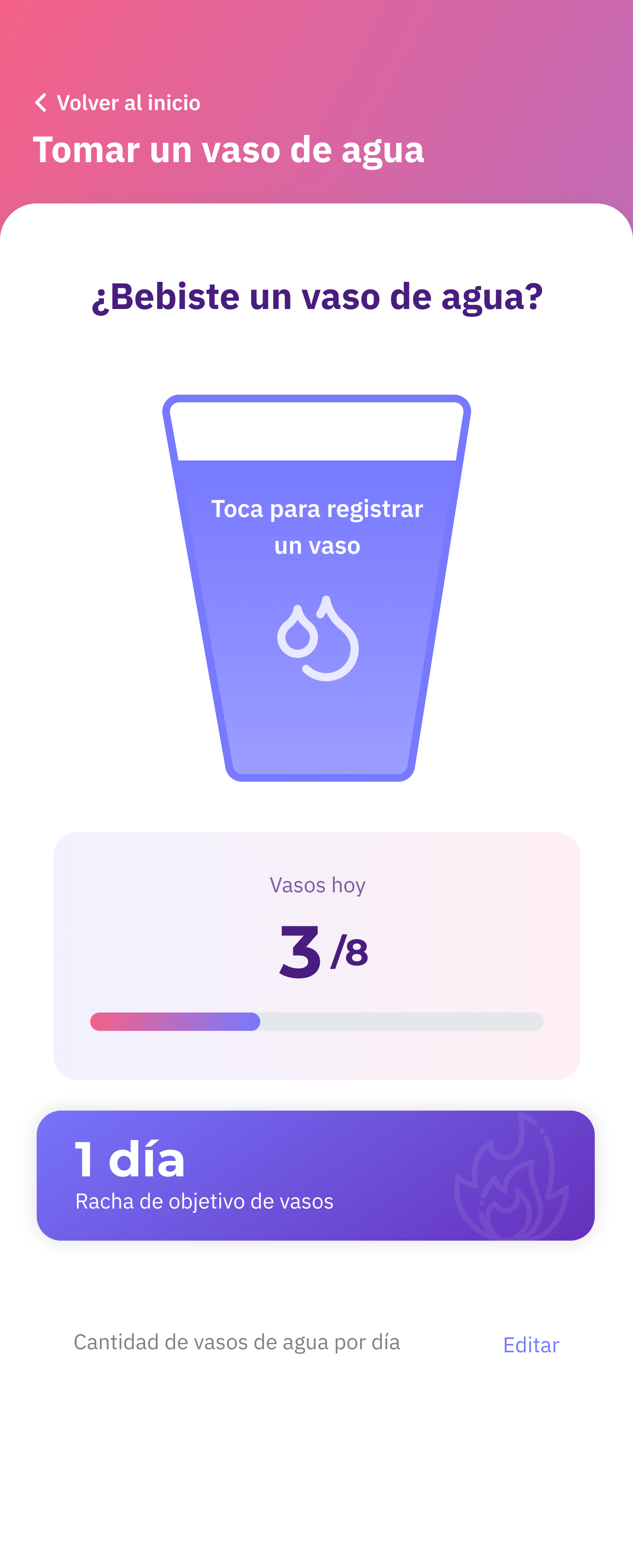 Pantalla del contador de vasos de agua en la app