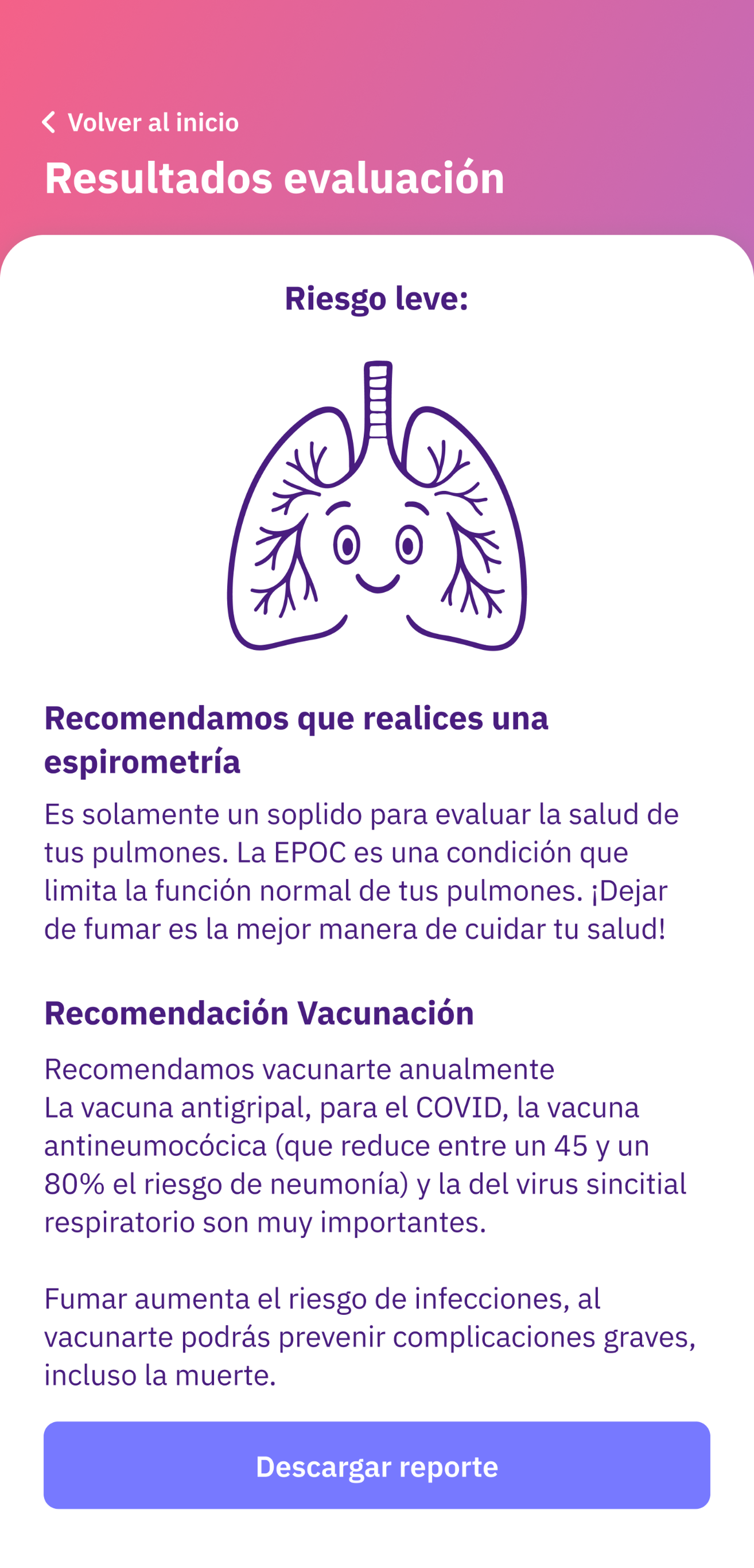 Formulario de salud pulmonar en la app